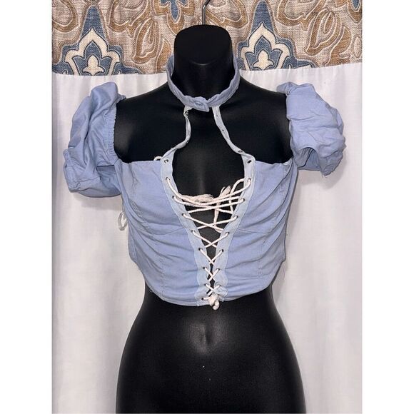Nice women Love Highlight brand denim bustier style tie up. Size L preowned COND - Picture 1 of 8